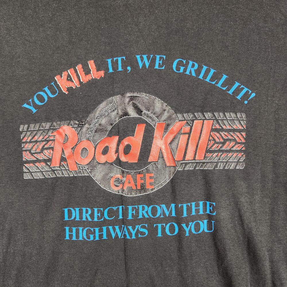 Vintage Road Kill Cafe Shirt Mens Large Black Funny Grill Food Graphic Logo 90s